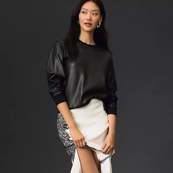 New Anthropologie LA MADE Size S FAUX LEATHER PULLOVER Sweatshirt Top Shirt - Picture 1 of 9